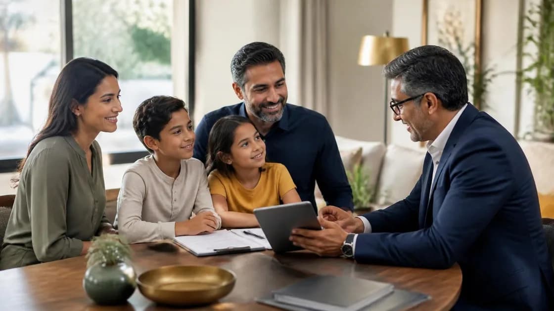 A financial advisor walking a smiling family of four through their plan on a tablet at the dining table