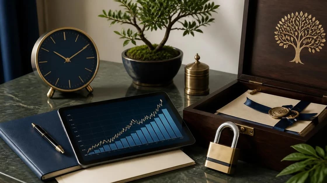 A desk set for long-term planning: a clock, a tablet showing a rising growth chart, a padlock, and a wooden keepsake box engraved with a family tree