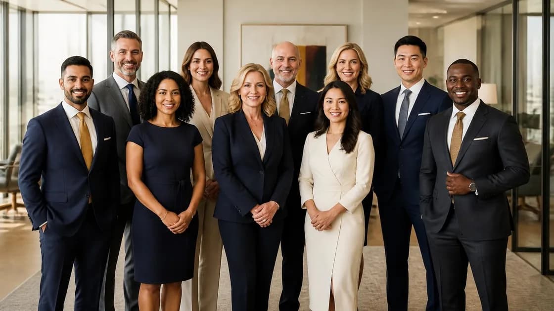 The AARE Financial Services team, eleven professionals in business attire, standing together and smiling in a bright office
