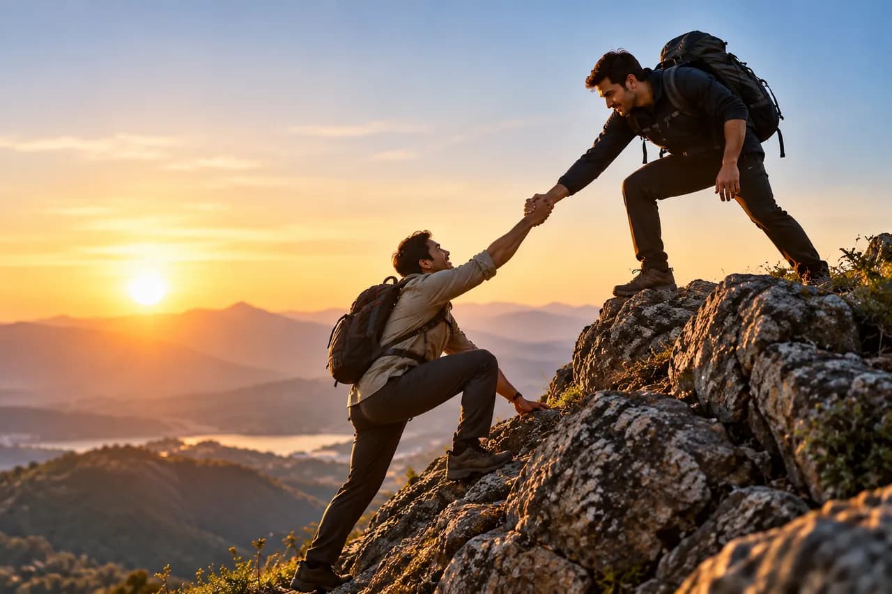 One hiker reaching down to help another up a rocky summit at sunset
