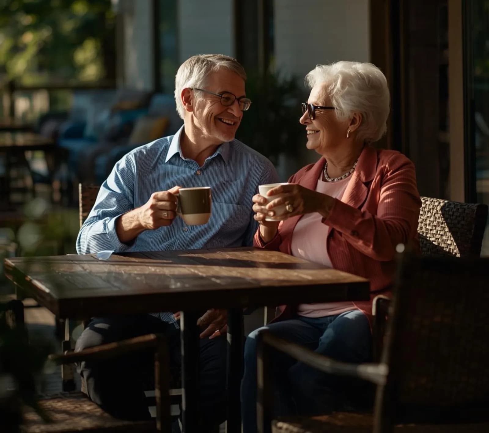 A retired couple sharing coffee and a laugh on a sunlit porch