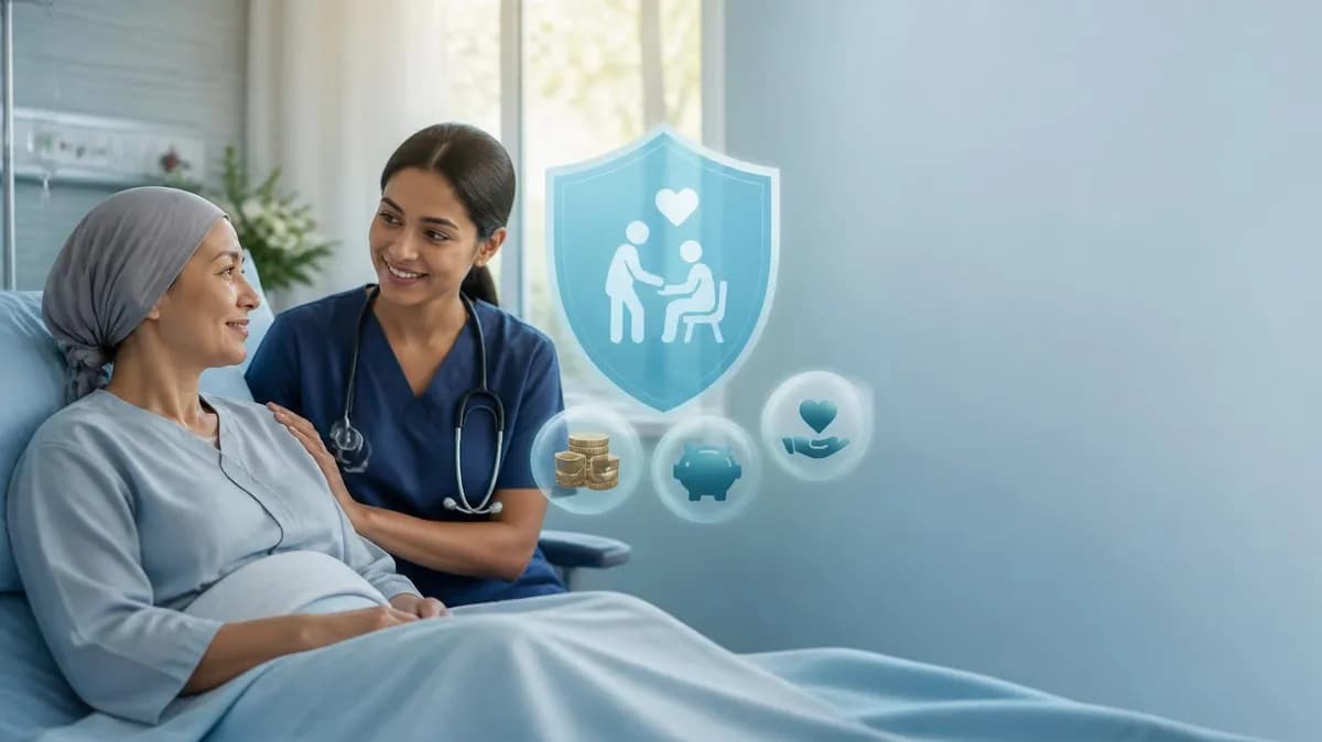 A nurse caring for a patient in hospital, beside icons for family protection and savings