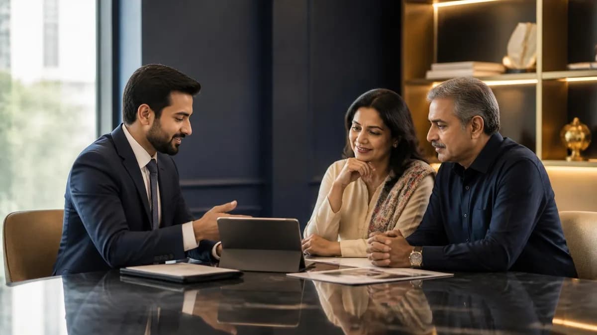 A financial professional going through a plan on a tablet with a couple