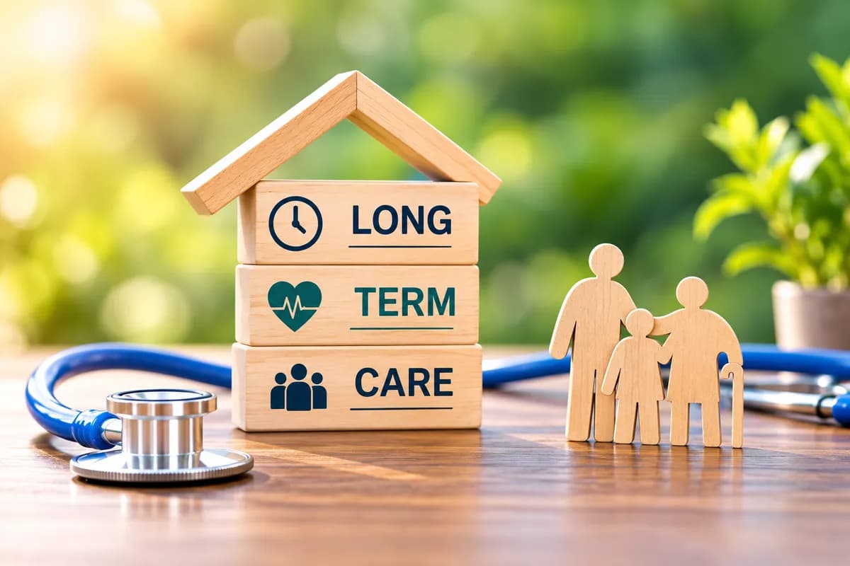 Wooden blocks spelling Long Term Care beside a stethoscope and a paper cut-out family
