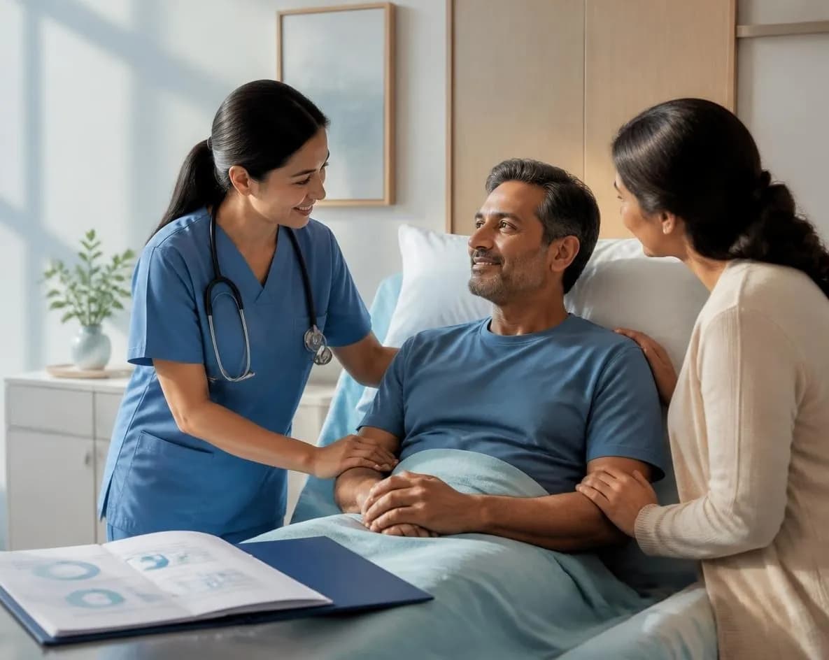 A nurse and a family member sitting with a smiling patient in a hospital bed