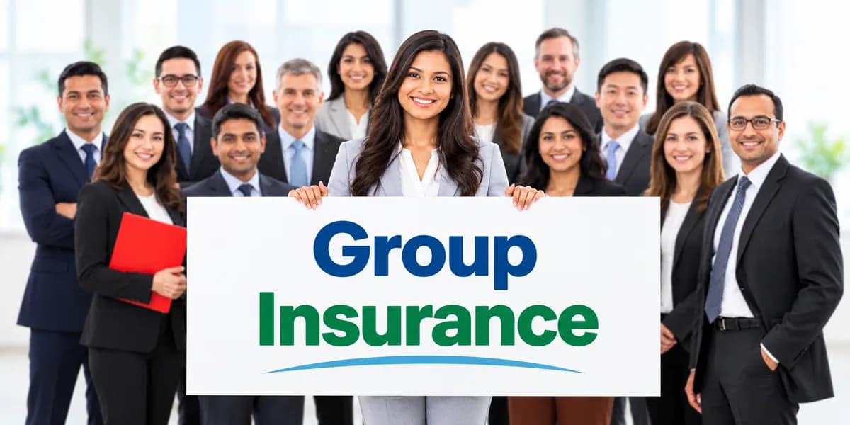 A smiling team of colleagues standing behind a sign that reads Group Insurance