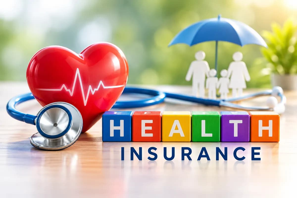 A red heart, a stethoscope and colored blocks spelling Health Insurance, with a family under an umbrella